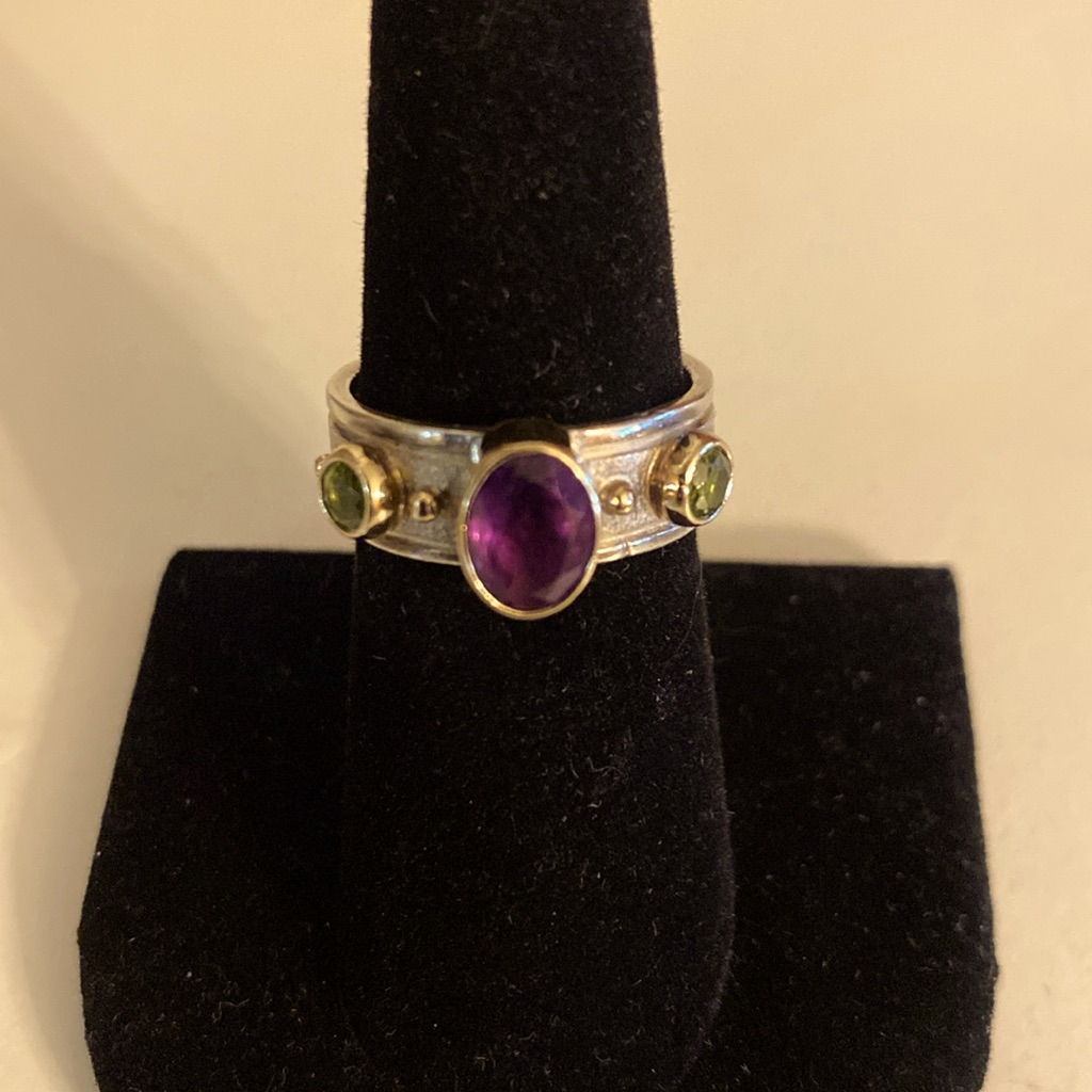 1990s Amethyst Peridot American-Native Made 925 14k Gold Around The Stones 120$